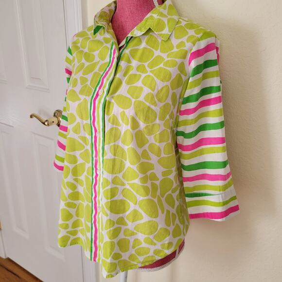 GRETCHEN SCOTT Boyfriend Shirt Art To Wear Stripes Leaves M Cotton Dopaminecore - Picture 11 of 15